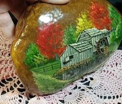 HAND PAINTED & SIGNED ROCK FALL SCENE & WATER MILL ARTIST SHELLACED