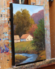Jeff Love Art Original Oil Painting 10X8″ Landscape House Trees Mountain Creek