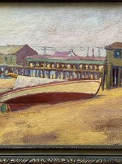 ERNEST ELWOOD PERRY PAINTING ANTIQUE MASSACHUSETTS COAST PIER HISTORIC LISTED