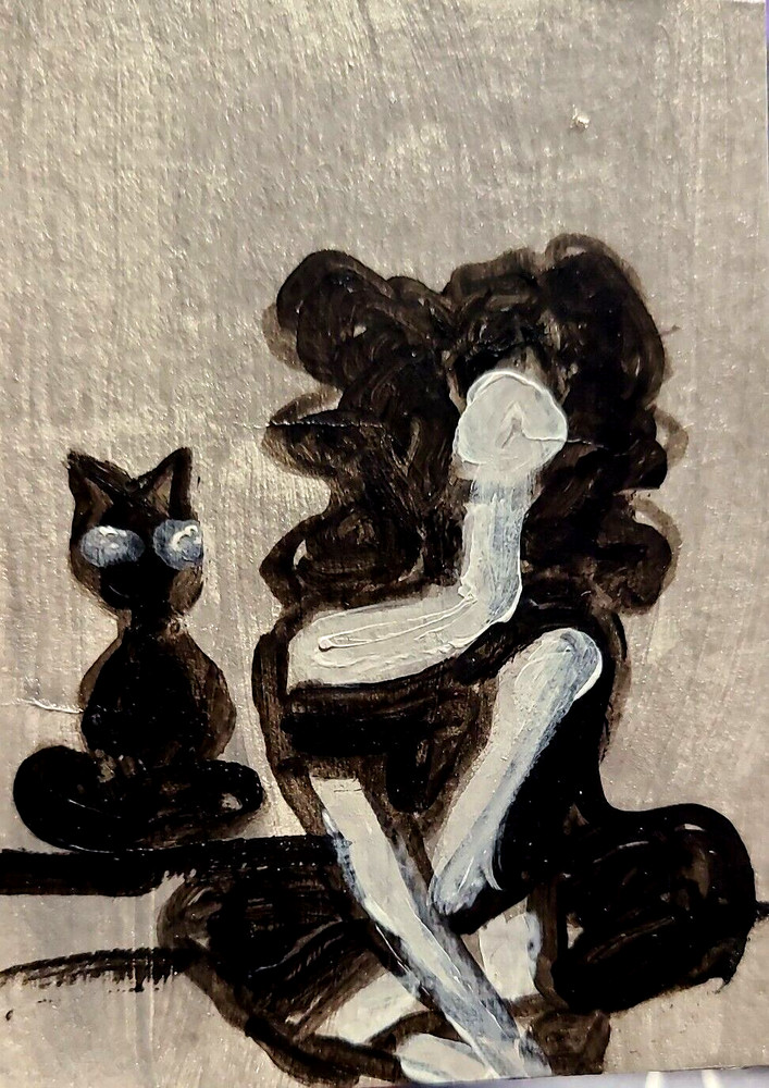 ORIGINAL ACEO PAINTING CAT WOMAN KITTEN Miniature Card By Carole Collin