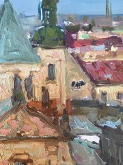 Oil painting Roofs Ukrainian painter canvas Unframed original Decor landscape