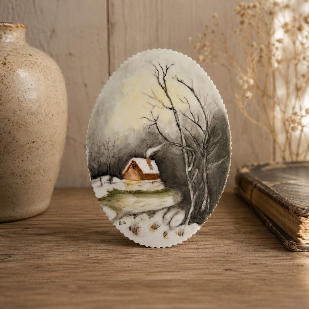 Vintage Winter Cabin Handpainted Porcelain Frame Filler Plate Artist Signed