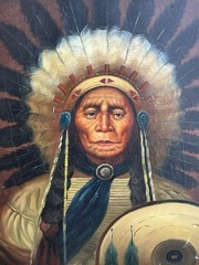 VTG MCM Decorative Oil-on-Canvas Portrait of a Native American Chief CC Ming