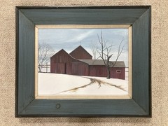 Vintage MCM American Barn Painting on Panel – Winter Farm – Chadds Ford – 21×27″