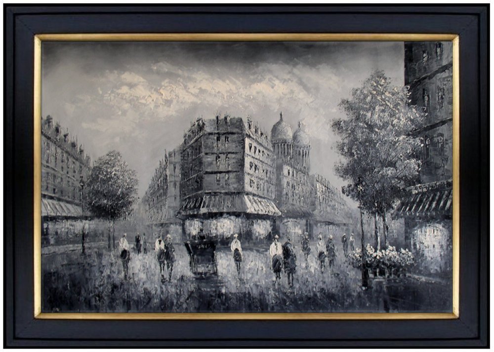 Framed, Old Paris Street with Passengers, Hand Painted Oil Painting B/W 24x36in