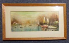 Original V. Nelson Abstract Watercolor Harbor Waterfront Sailboat Painting