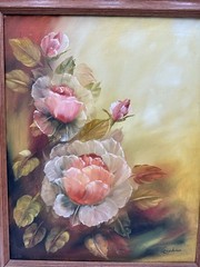vintage rose oil painting Framed Signed Peach Pinks Impressionistic F2 Large