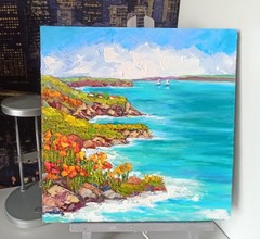 Seascape Original Painting Oil Canvas Board 30x30cm Seaside Impasto Art Signed