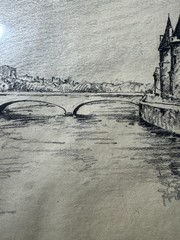 Dines Carlsen (1901 – 1966) „Palais de Justice From Pont Neuf“ Charcoal Drawing