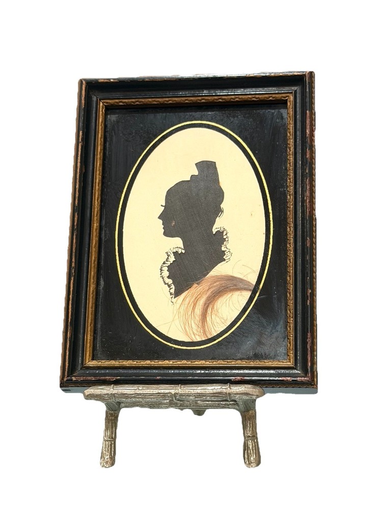 Antique Vintage Lovers Image Portrait Silhouette Woman Lady Framed Under Glass