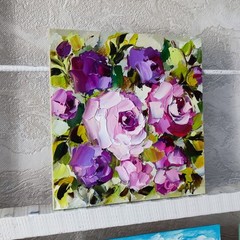 original oil painting Rose Purple Pink Flowers Impasto Floral small art 6*6 inch