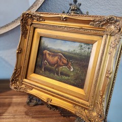 Vintage Cow Landscape Oil Painting on Canvas, Signed, Ornate Frame