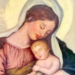 Antique Sassoferrato Madonna Sleeping Child Oil Board Painting Large Gilt Frame