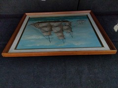 Vintage Original Oil Painting Clipper Ship Tall Sails Nautical Framed 16×20