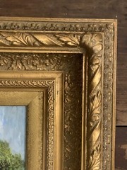 VTG Signed Summer Landscape Trees Lake Mtns Canvas Frame 20.5”T 18 3/8”W 3.75”D