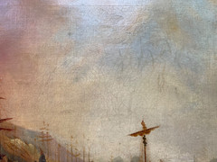19th Theodore GUDIN – Antique Old Master Oil – Fire by the Coast – Boat and Ship