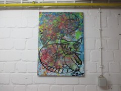 Cat with mouse 50×60 acrylic picture blue yellow mixed media drawing orig sign ZM