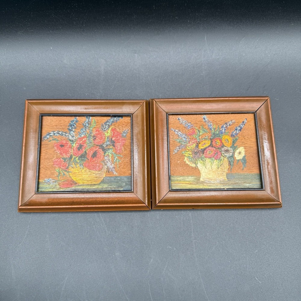 Vtg 2 Pc Mini Floral Still Life Paintings 4.5×5” On Wood, Framed Art