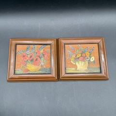 Vtg 2 Pc Mini Floral Still Life Paintings 4.5×5” On Wood, Framed Art