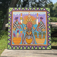 This is a traditional Huichol yarn painting from Mexico