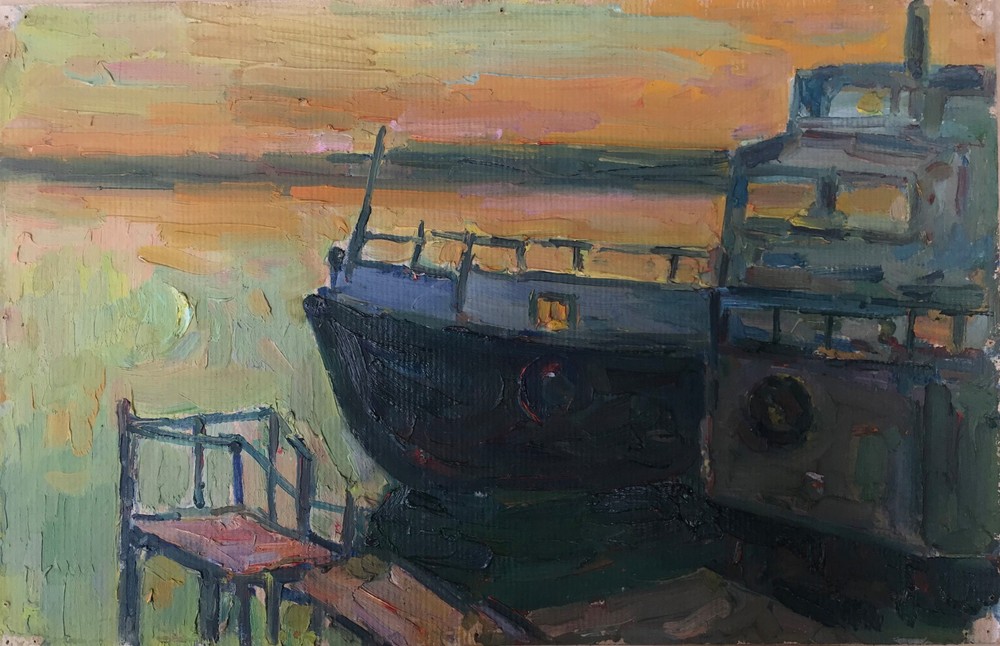 Oil Painting Sunset At Sea Peter T. Unframed Original Home Decor Art nAAA2213