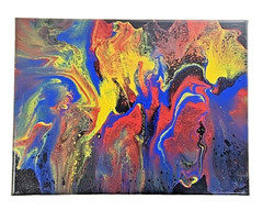 Acrylic Pour Painting Abstract Black Red Yellow Blue 12×9 Unframed OOAK Gift