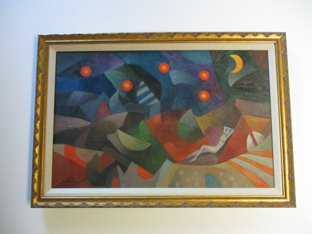 LARGE ABSTRACT PAINTING NIGHT EXPRESSIONISM MODERNISM CUBIST CUBISM Mystery