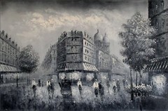 Framed, Old Paris Street with Passengers, Hand Painted Oil Painting B/W 24x36in