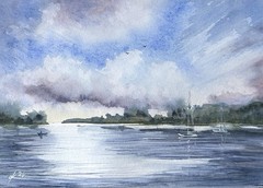 Watercolor Seascape Relaxing on a calm river Sailboats Art Relaxing marine art