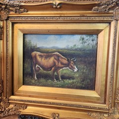 Vintage Cow Landscape Oil Painting on Canvas, Signed, Ornate Frame