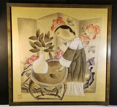 Large 27×27″ Chinese Gouache on Rice Paper Woman w Vase Peonies Profess. Framed