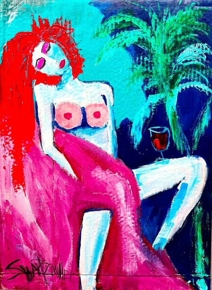 Colorful LADY PAINTING original SWARTZMILLER DNA SIGNED ART Upcycled CB 18×24