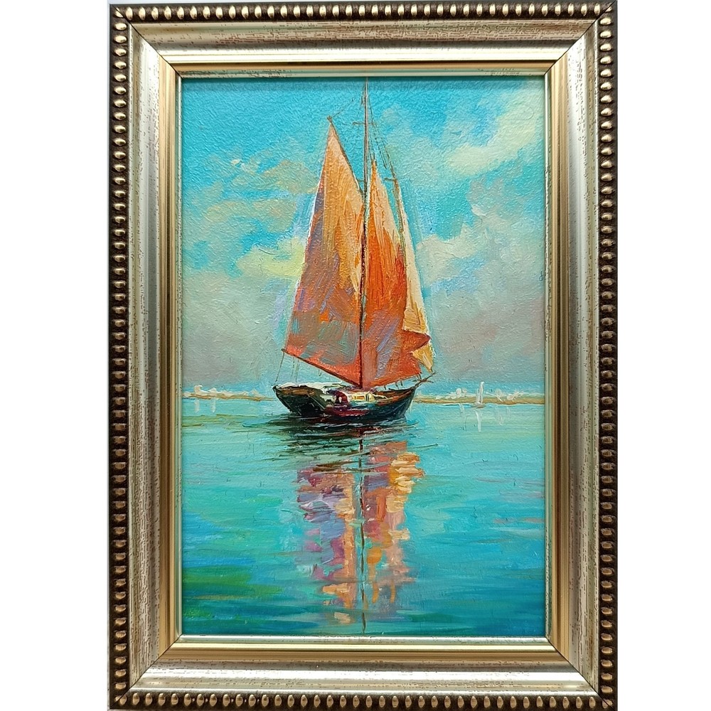 Original Seascape Oil Painting Sailboat Realism Signed Framed Artwork 6×4