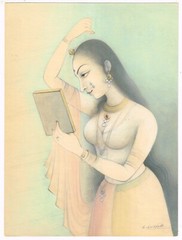 Hand Miniature Painting Of Rajput Queen Looking In To Mirror 8.5×11.5 Inches