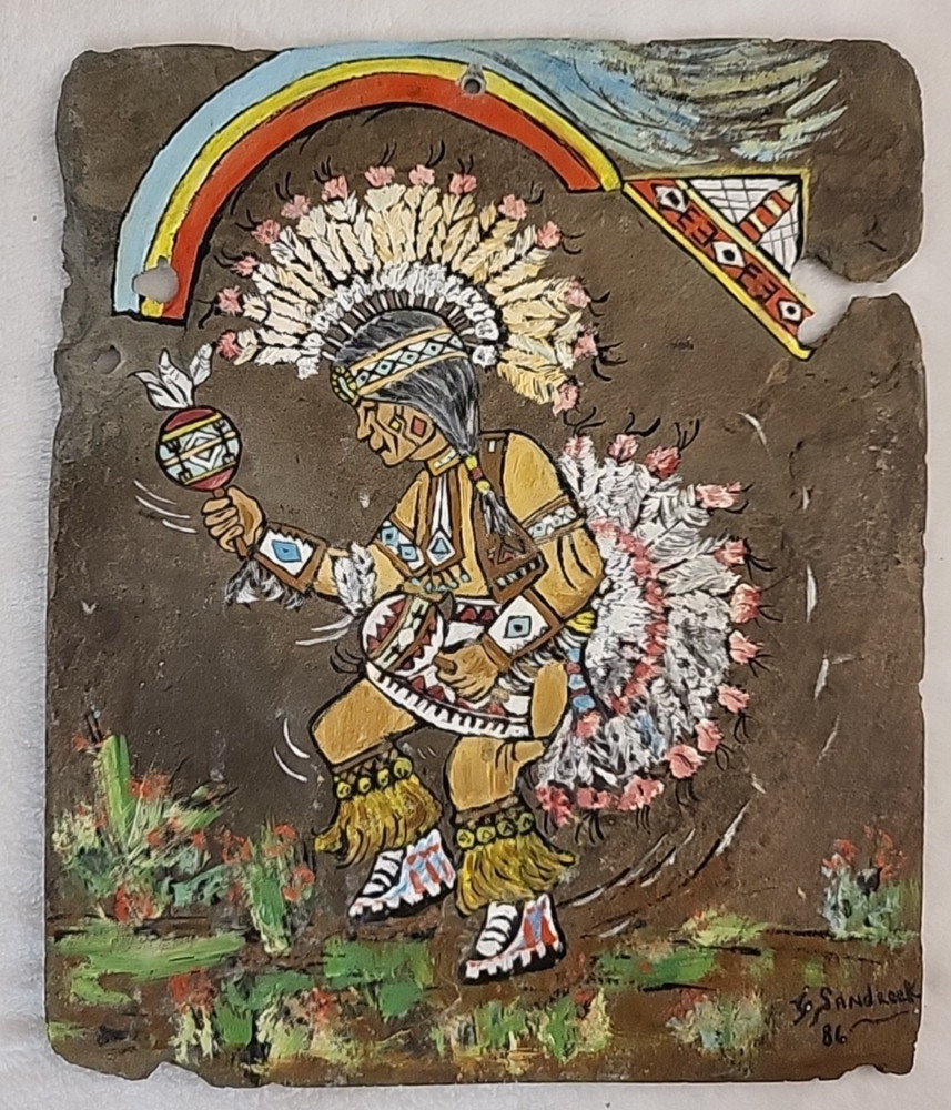 Vintage Carole Sandrock Oil on Slate Rattle Dancer Sioux Tribe 12″ x 10″