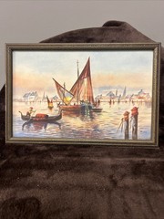 Vintage Bettie Signed Painting. Fishing Boats 11 1/2” X 8” Framed