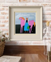 Folk Painting Original Woman Horse Portrait Canvas Outsider Whimsical 10×10 Art