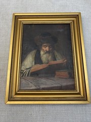 Vintage Bearded Man Reading Book Judaica Oil Painting Signed Portrait 13×17