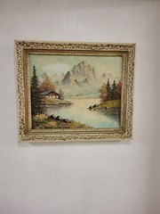Vintage oil painting signed S.Brandle, mountain landscape with lake