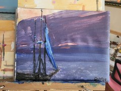 Original Acrylic Sailboat Painting Sunset Ocean Scene 9×12 Canvas Nautical Art.