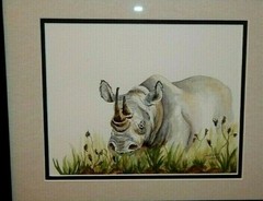 AFRICAN Rhinoceros Original Watercolor Painting, Vibrant, Detailed, Signed, Mint