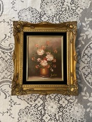 Vintage Oil On Panel Painting Still Life Flowers Signed Jenkins Gold Gilt Frame
