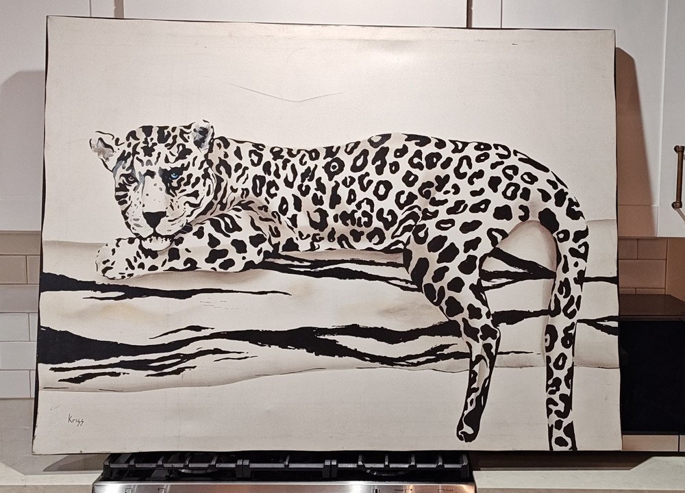 Large 48″X36 Vintage Kriss Artist Painting Leopard Black White Art Signed/Number