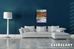 Original painting acrylic early winter lake hills autumn snow trees GeeBeeArt