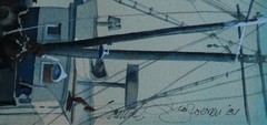 Beautiful 1981 Watercolor Titled „Fishing Boats, Nantucket“ Illegibly Signed
