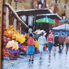 Paris France Flower Market Street Scene Oil Painting 12-1/2 By 10-1/2