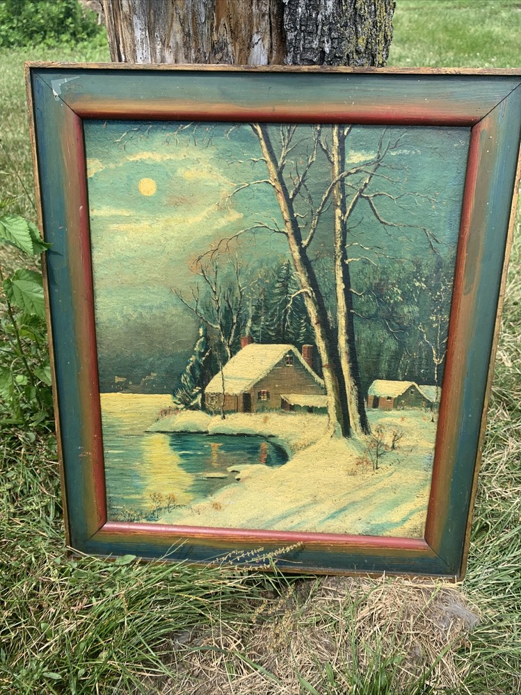 Antique Oil painting Board Winterscape Night Lake 19×22” Homestead Emma Kinsey