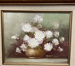 Robert Cox Signed Framed Still Life Floral Oil Painting White Flowers in Vase