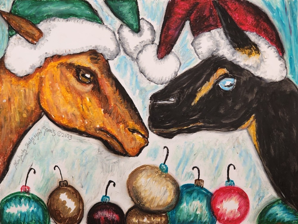 NIGERIAN DWARF Christmas Original 9×12 Painting Pastel Signed Artist KSAMS Goats