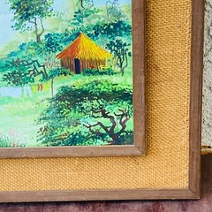 Mid Century Double Framed Asian Village Rustic Scene Oil Painting, CE0781